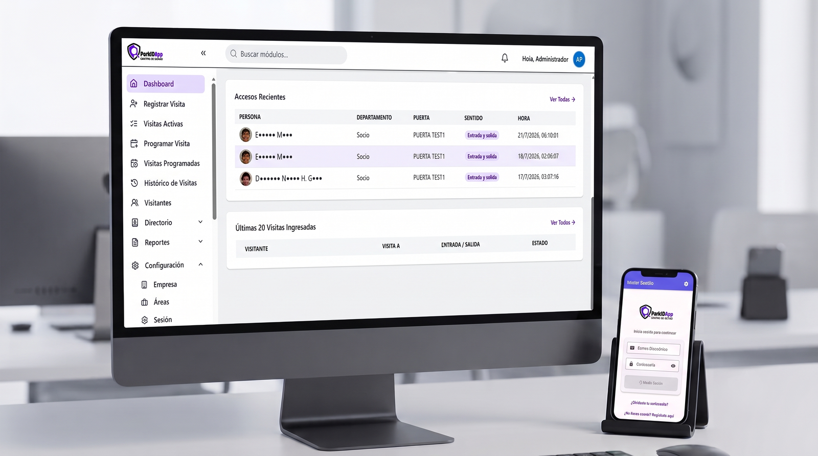 Mockup 3D de ParkidApp: panel de control en escritorio y pase de acceso QR en smartphone
