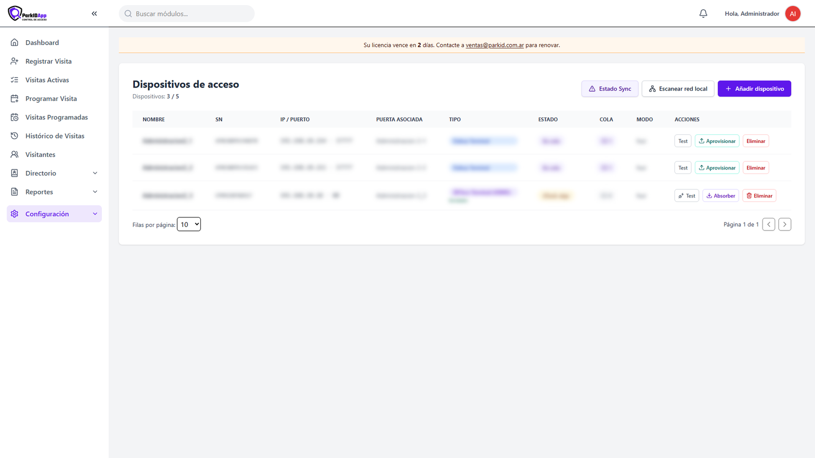 Gestión de terminales faciales en ParkidApp